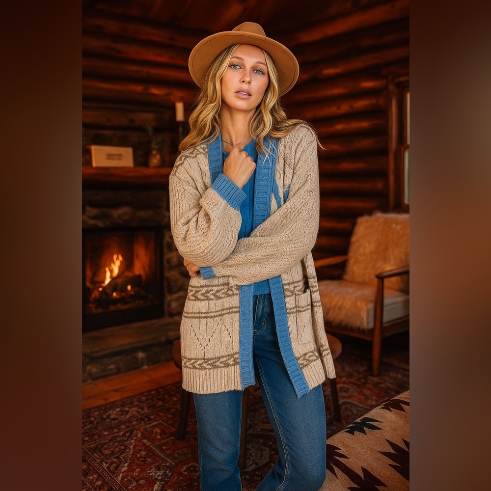 POL Cream Western Aztec Print Open Front Knit Cardigan Sweater with Pockets - Picture 9 of 10